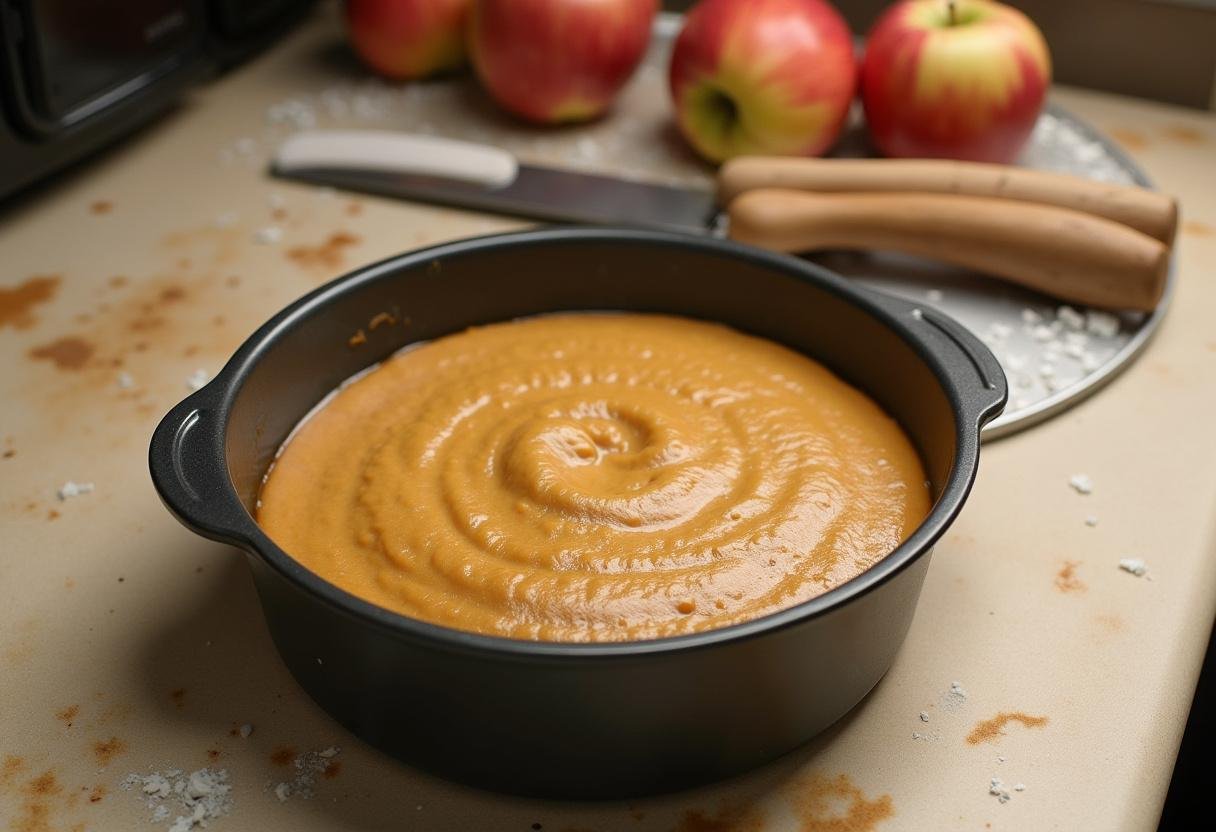 Cake pan prepared with apple spice cake batter before baking in the oven.