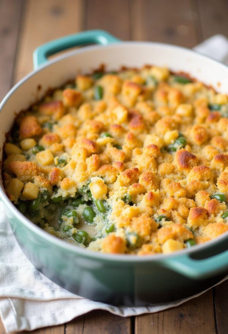 Deliciously baked Easy Green Bean Stuffing Casserole, perfect for family meals.