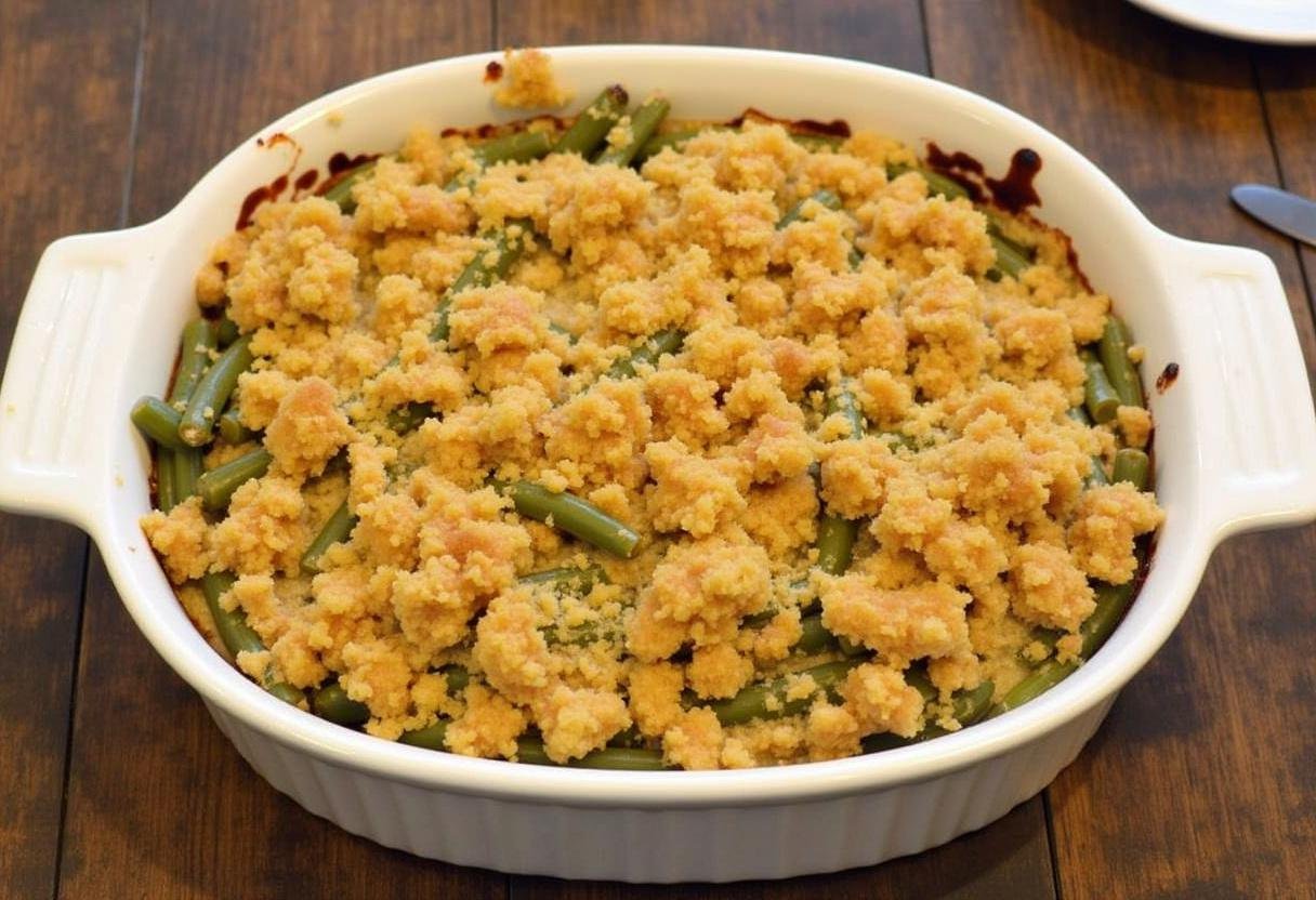 Deliciously baked Easy Green Bean Stuffing Casserole, perfect for family meals.