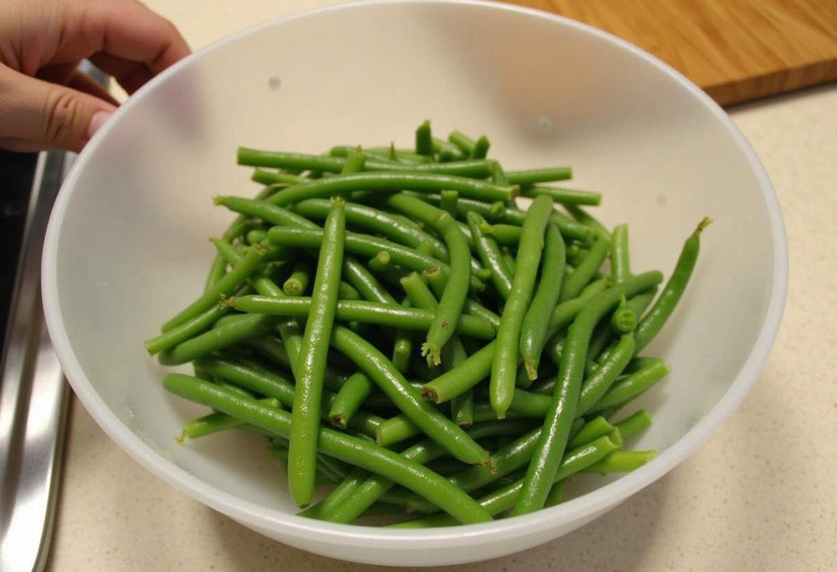 Fresh green beans chopped for Easy Green Bean Stuffing Casserole preparation.