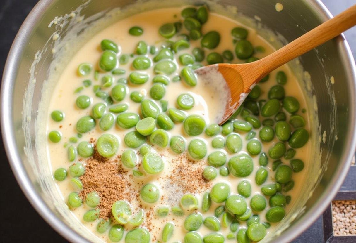 Combining green beans with cream of mushroom soup for Easy Green Bean Stuffing Casserole recipe.