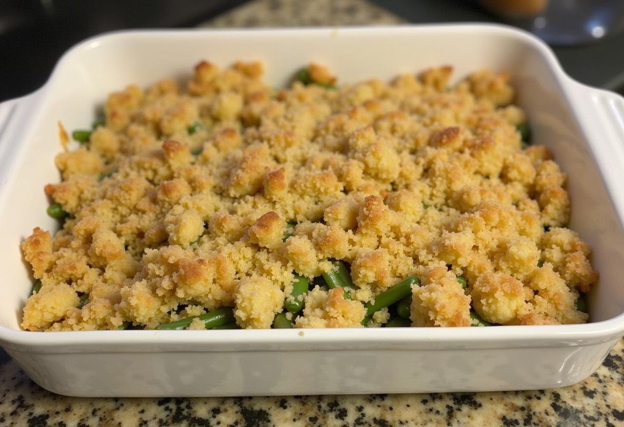 Baking dish prepared with green bean and stuffing mixture for Easy Green Bean Stuffing Casserole.