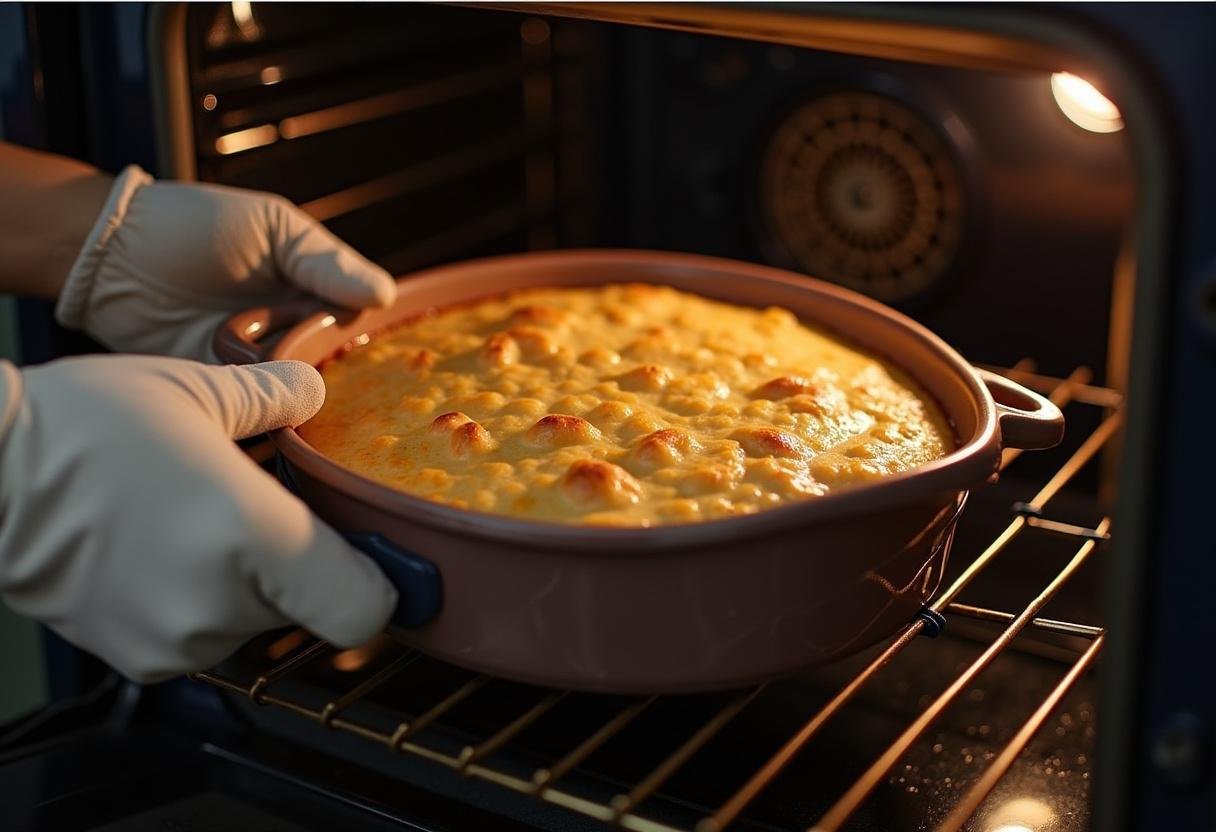 Baking dish of Easy Green Bean Stuffing Casserole going into the oven to bake.