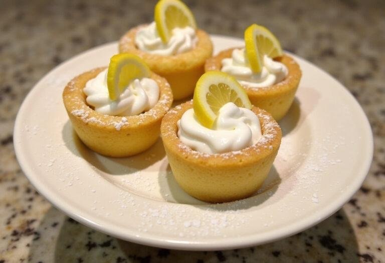 Finished Easy Lemon Cookie Cups with powdered sugar and lemon garnish.