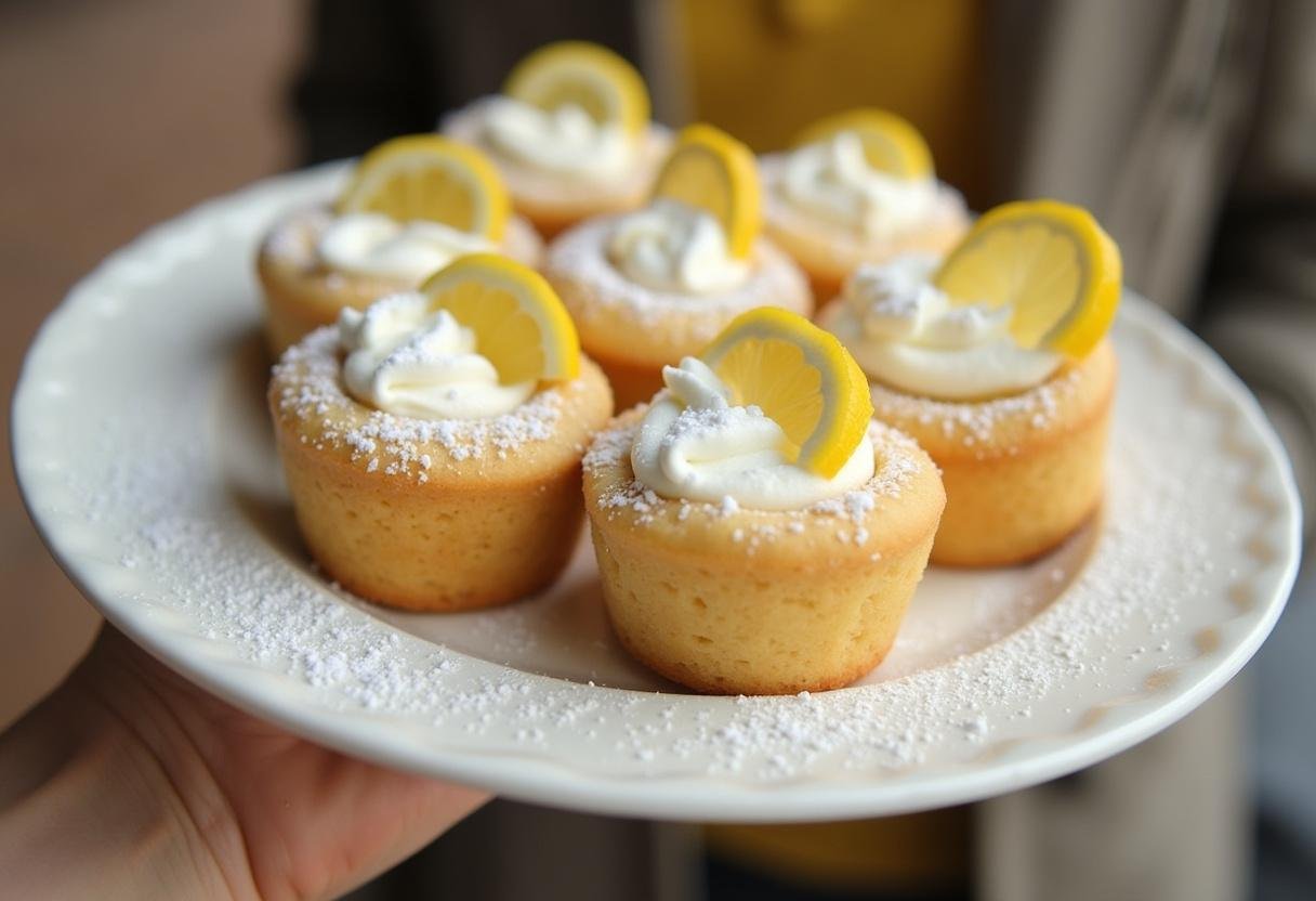 Finished Easy Lemon Cookie Cups with powdered sugar and lemon garnish