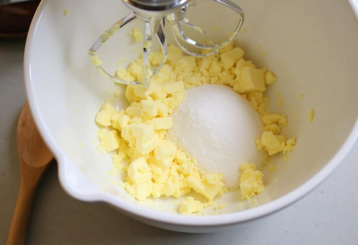 Mixing bowl with softened butter and sugar for Easy Lemon Cookie Cups
