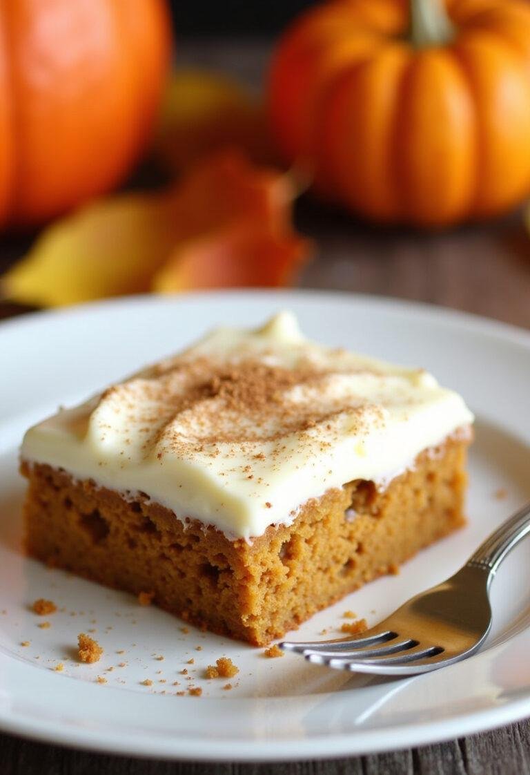 Finished Easy Pumpkin Bars with cream cheese frosting, perfect for fall celebrations.