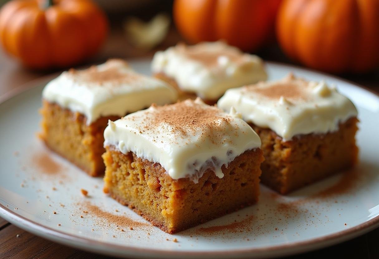 Finished Easy Pumpkin Bars with cream cheese frosting, perfect for fall celebrations.