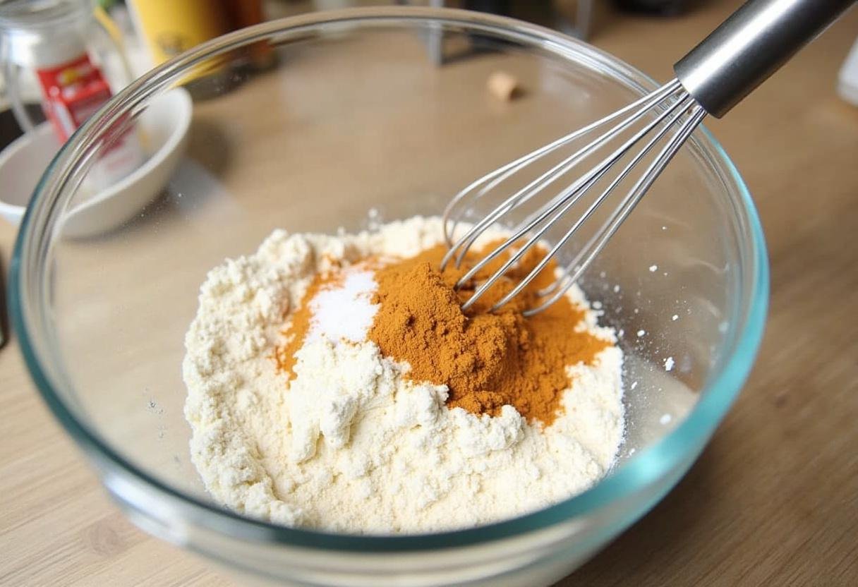 Mixing the dry ingredients for Easy Pumpkin Bars in a bowl.