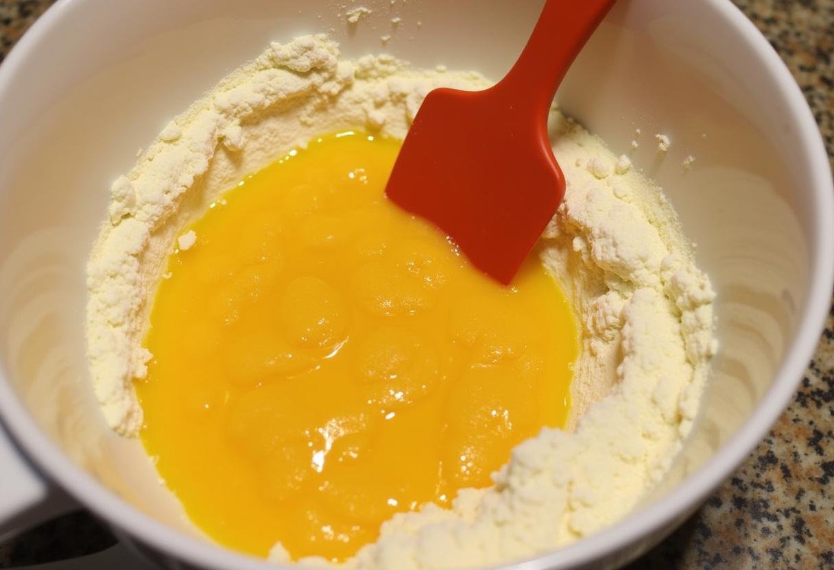 Combining pumpkin puree and eggs for the Easy Pumpkin Bars mixture.