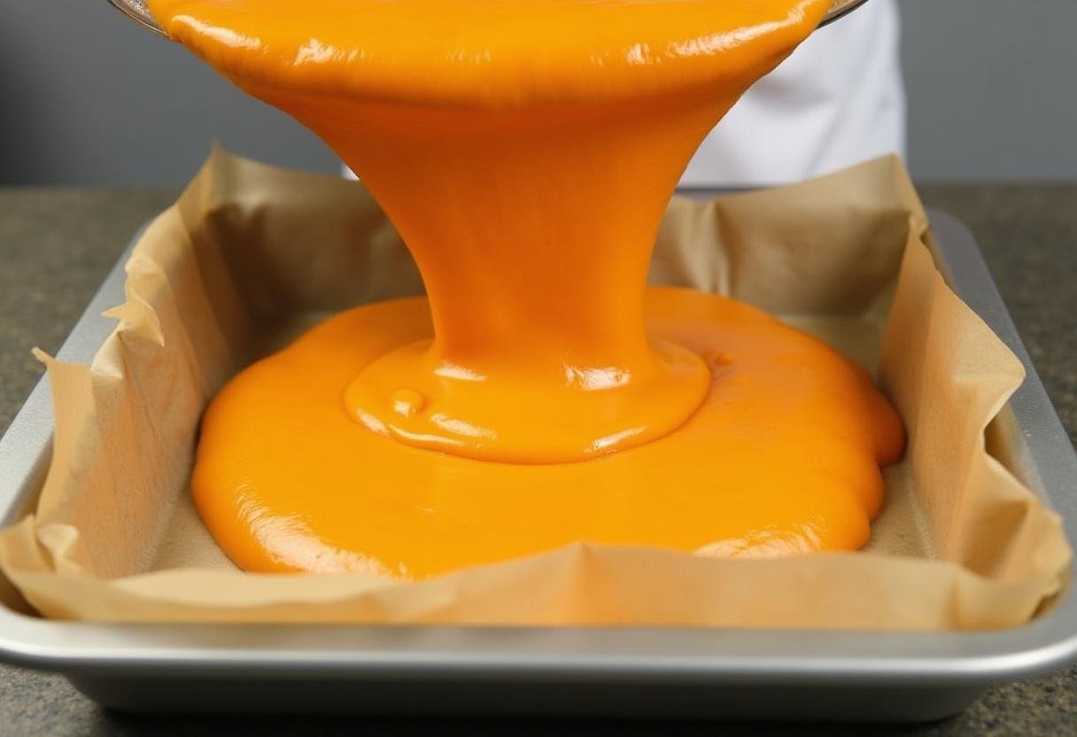 Smooth pumpkin batter being poured into a baking pan for Easy Pumpkin Bars.