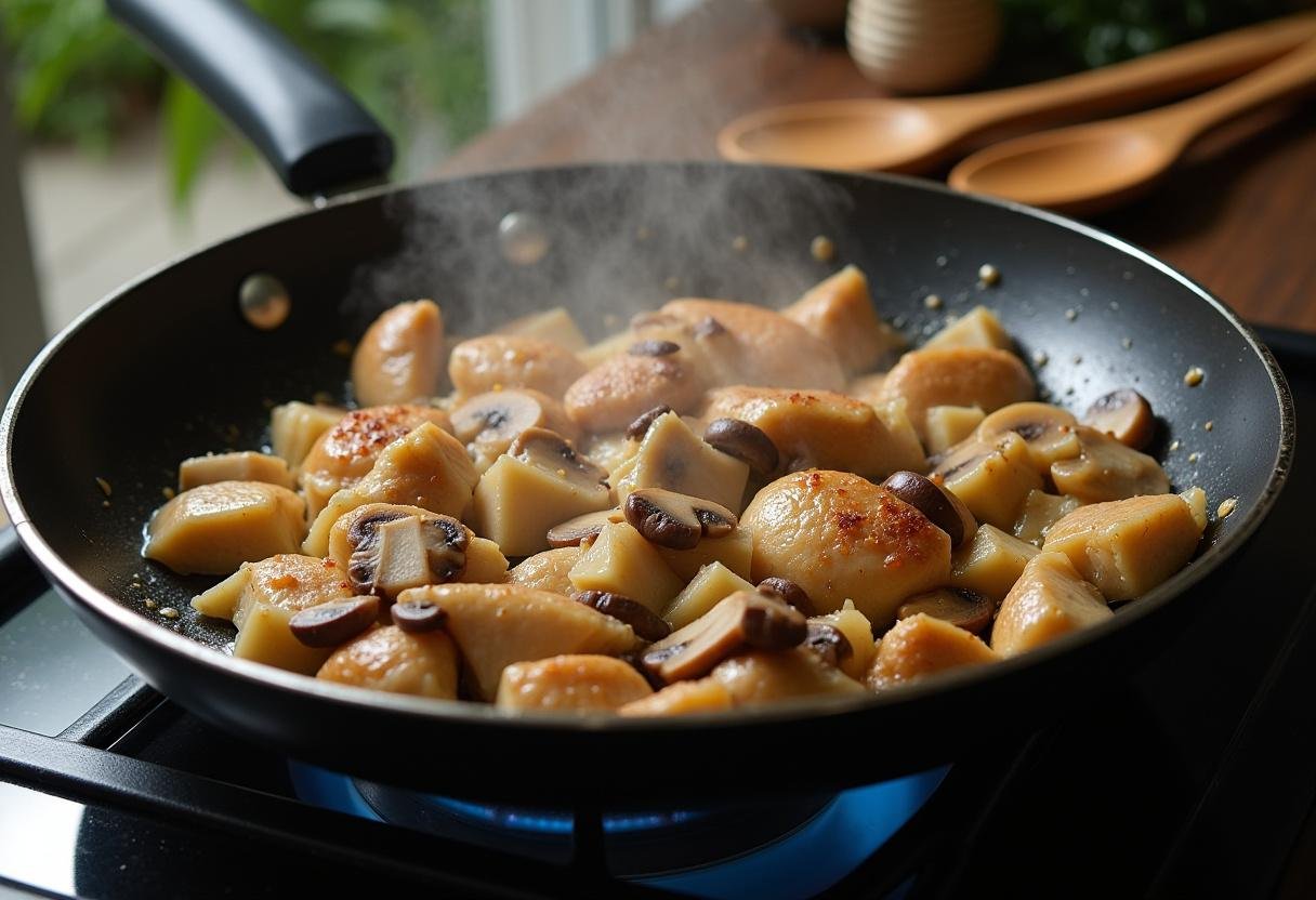 Diced cooked chicken sautéed with garlic and mushrooms for effortless Chicken Tetrazzini.