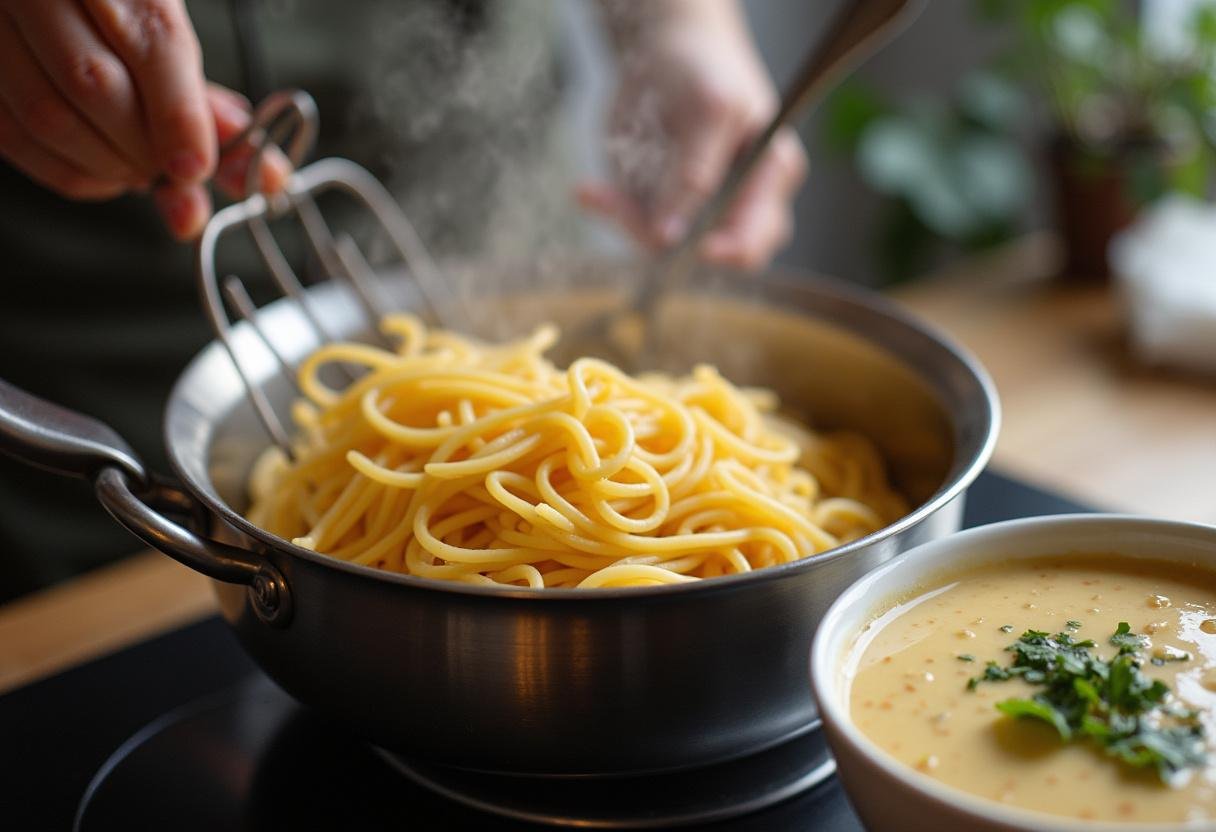 Draining cooked spaghetti for Chicken Tetrazzini, ready to mix with creamy sauce.