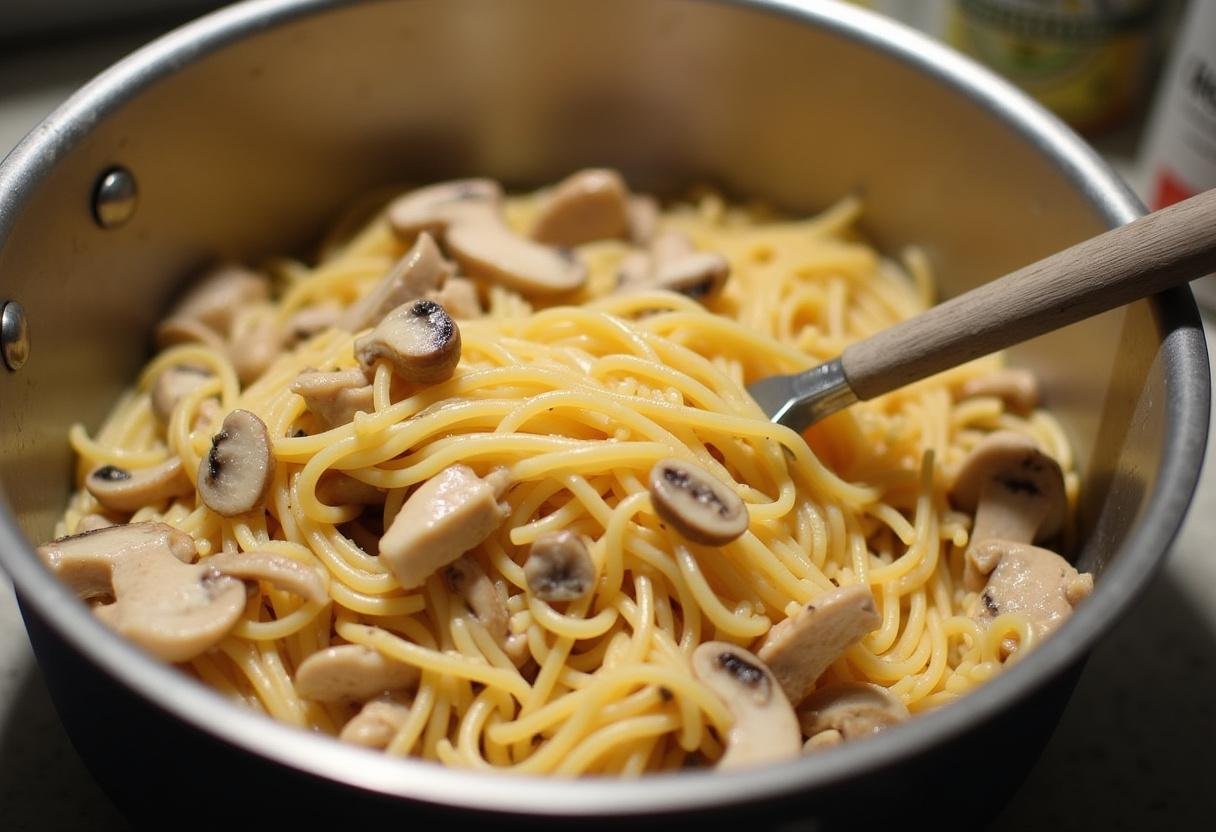 Combining chicken, mushrooms, spaghetti, and creamy sauce for Chicken Tetrazzini.