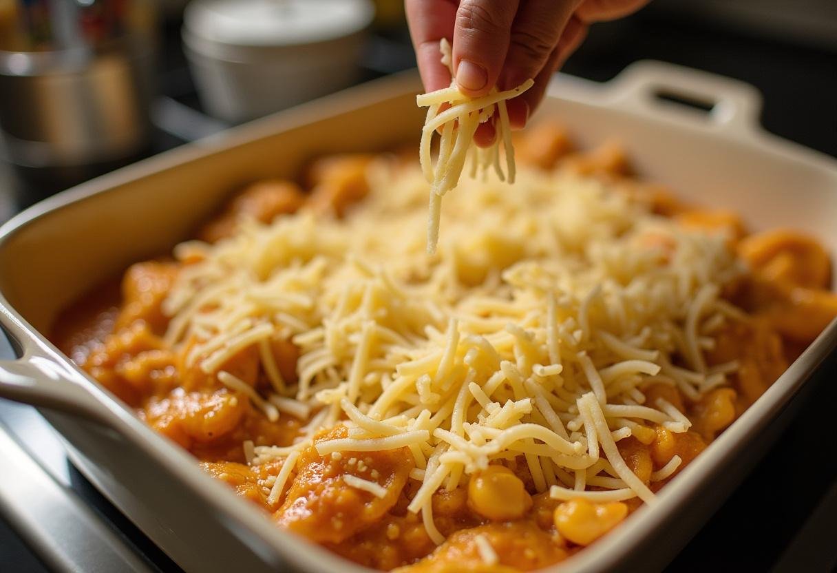 Filling a casserole dish with Chicken Tetrazzini mixture, ready for baking.