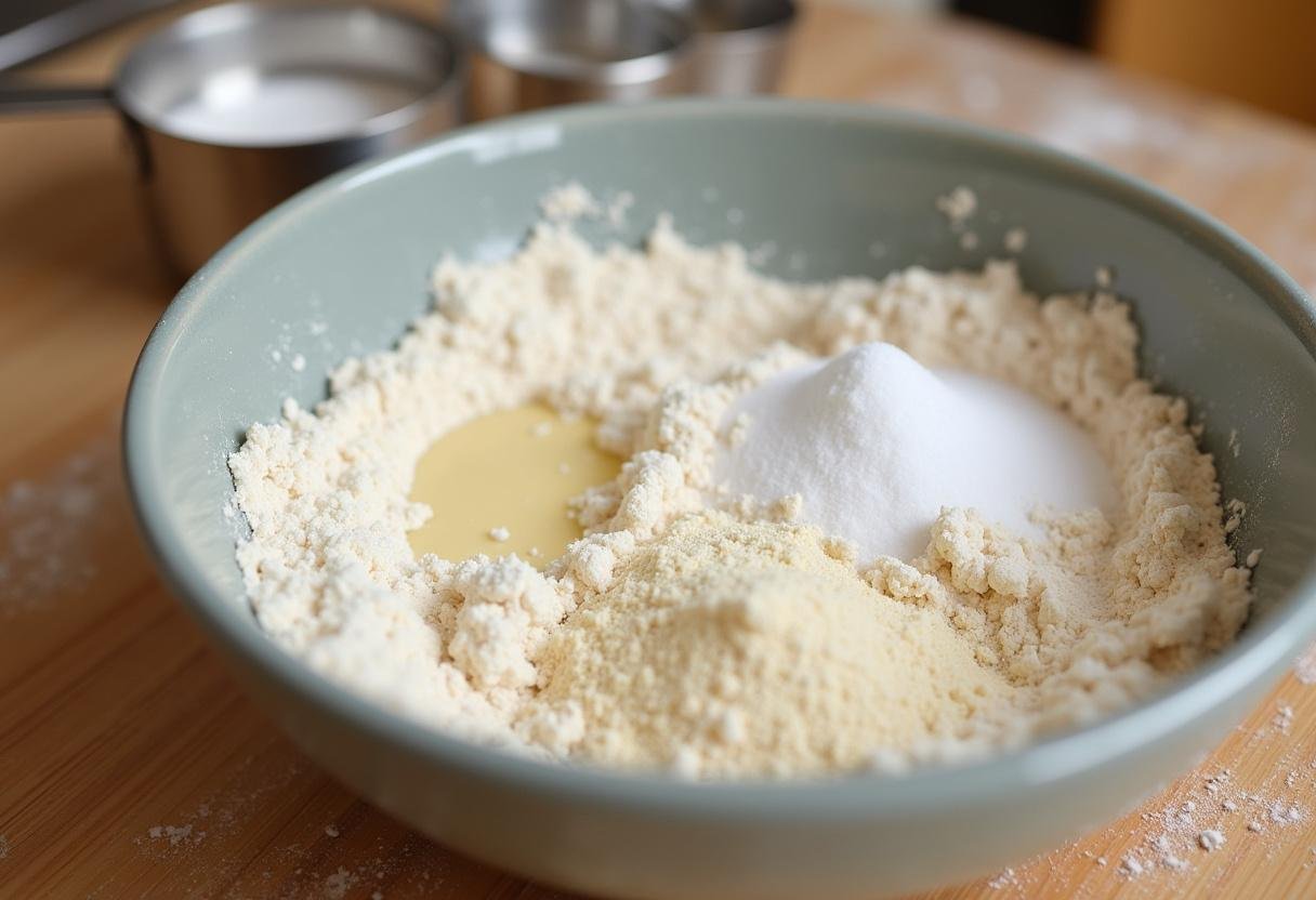Flour, yeast, and salt mixture in a bowl for making Egg & Cheese Baked Bazlama.
