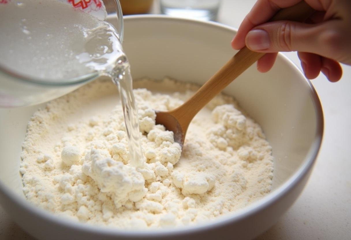 Warm water being added to flour mixture to form dough for Egg & Cheese Baked Bazlama.