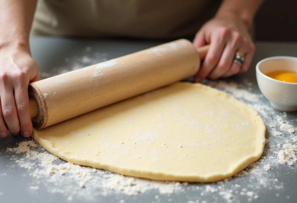 Dough being rolled out for Egg & Cheese Baked Bazlama, with beaten eggs ready.