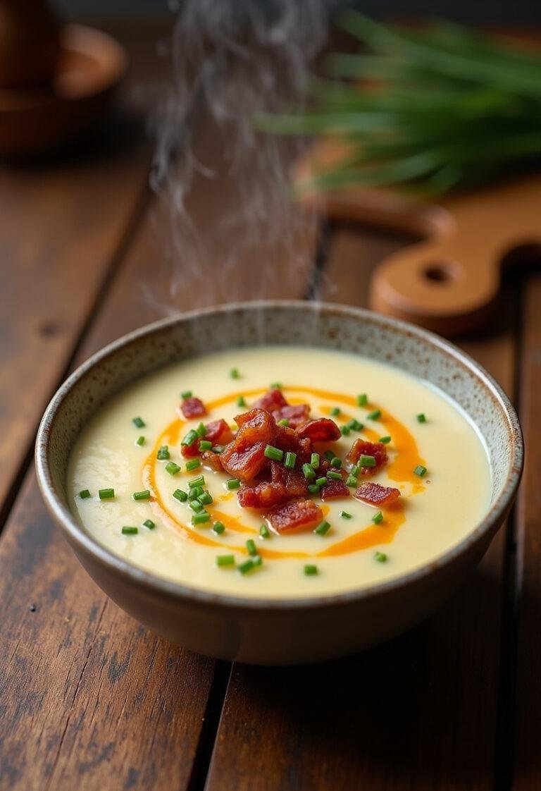 Finished creamy potato soup with bacon, garnished with crispy bits and chives for a delightful meal.