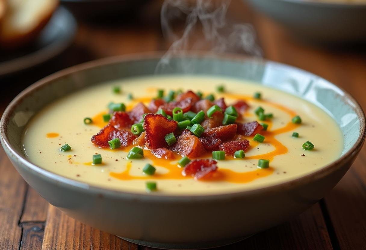 Finished creamy potato soup with bacon, garnished with crispy bits and chives for a delightful meal.