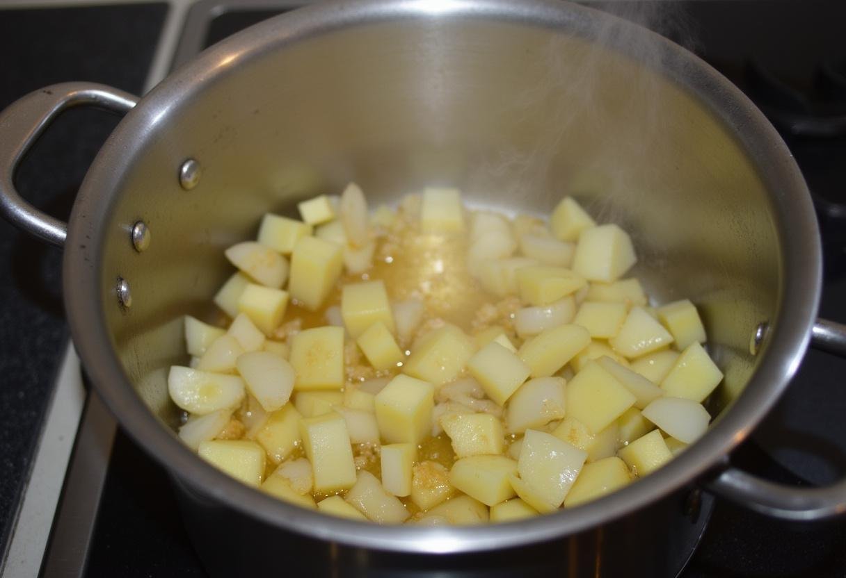 Diced potatoes and chopped onions sautéing in a pot for creamy potato soup with bacon.