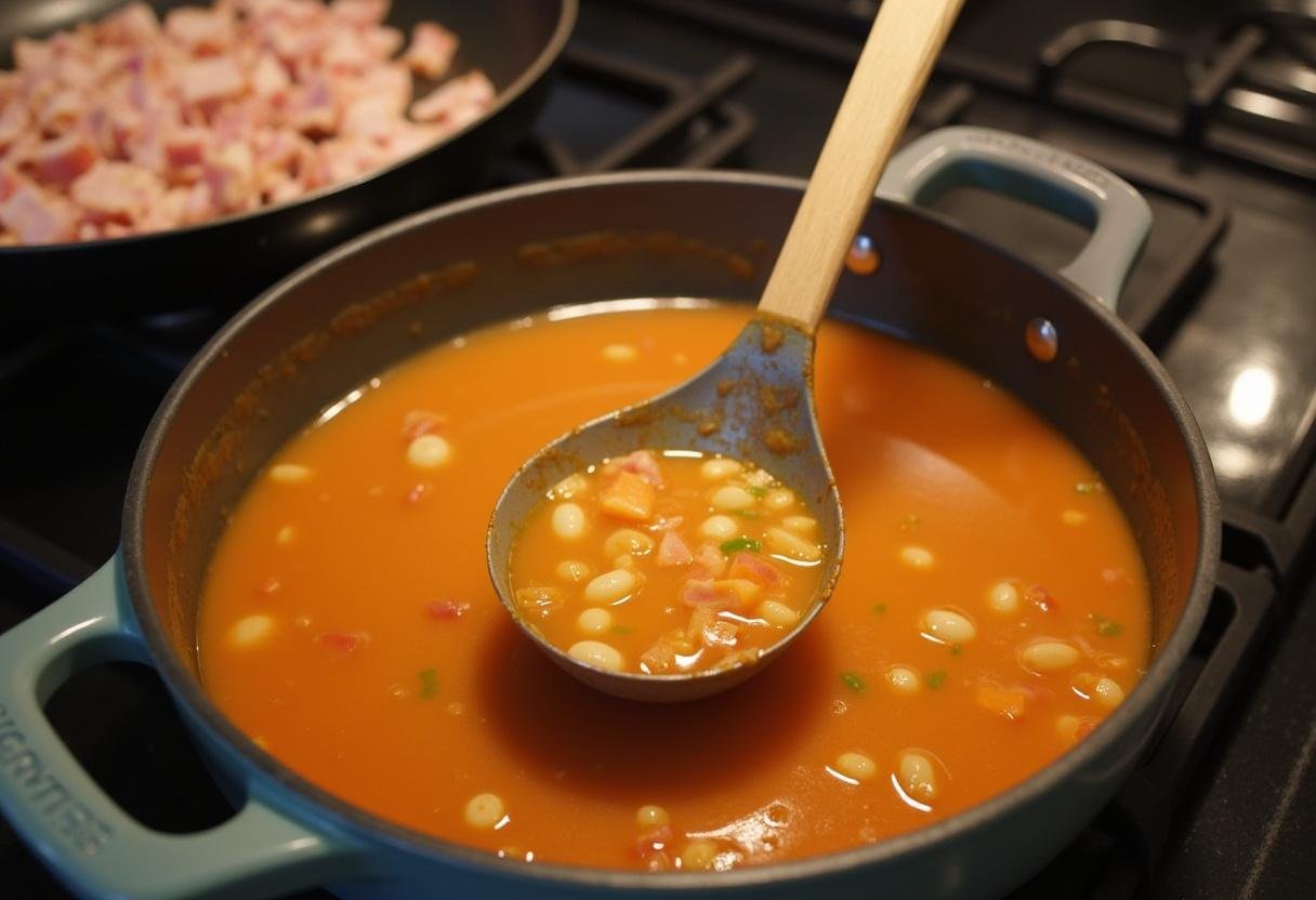 Stirring the simmering creamy potato soup while bacon is frying for added flavor.