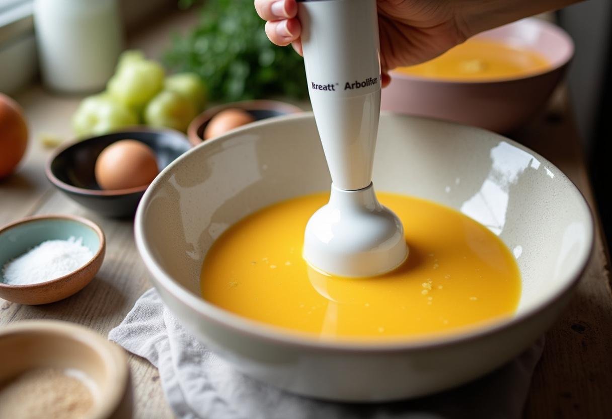 Using an immersion blender to create a creamy texture for potato soup with bacon.