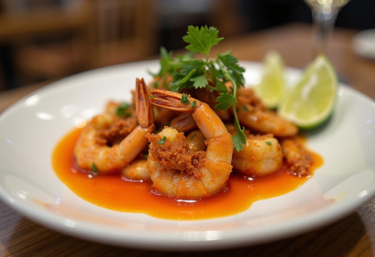Crispy Fried Prawns with Garlicky Hot Pepper Sauce, garnished and ready to serve.