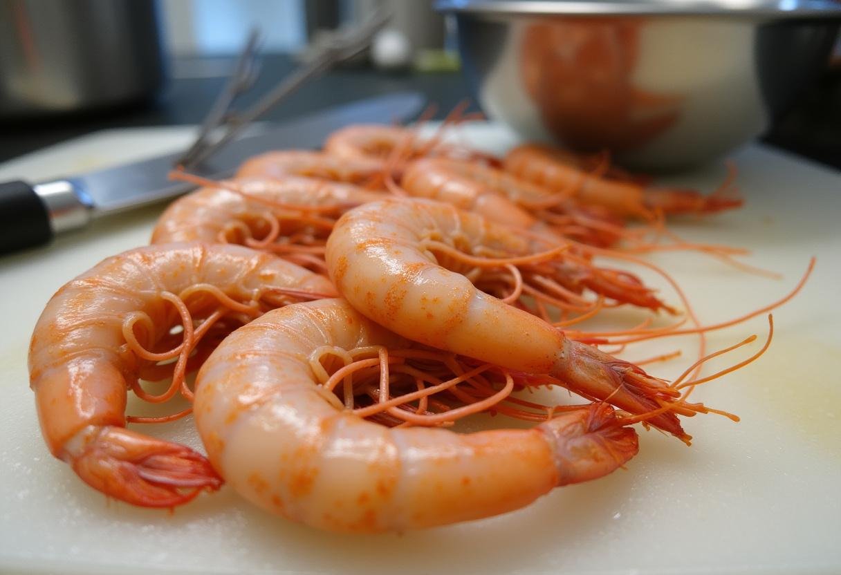 Fresh prawns being cleaned and deveined for Fried Prawns with Garlicky Hot Pepper Sauce.