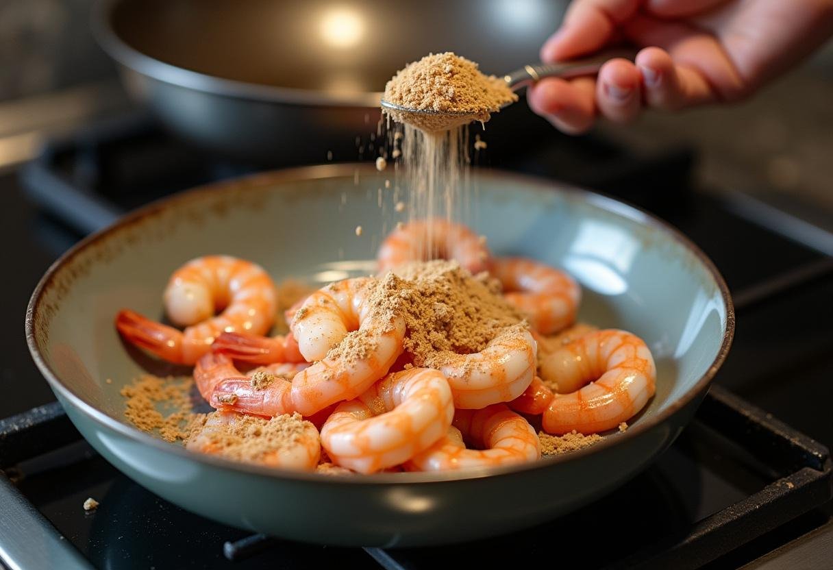 Prawns being coated with flour and spices for frying.