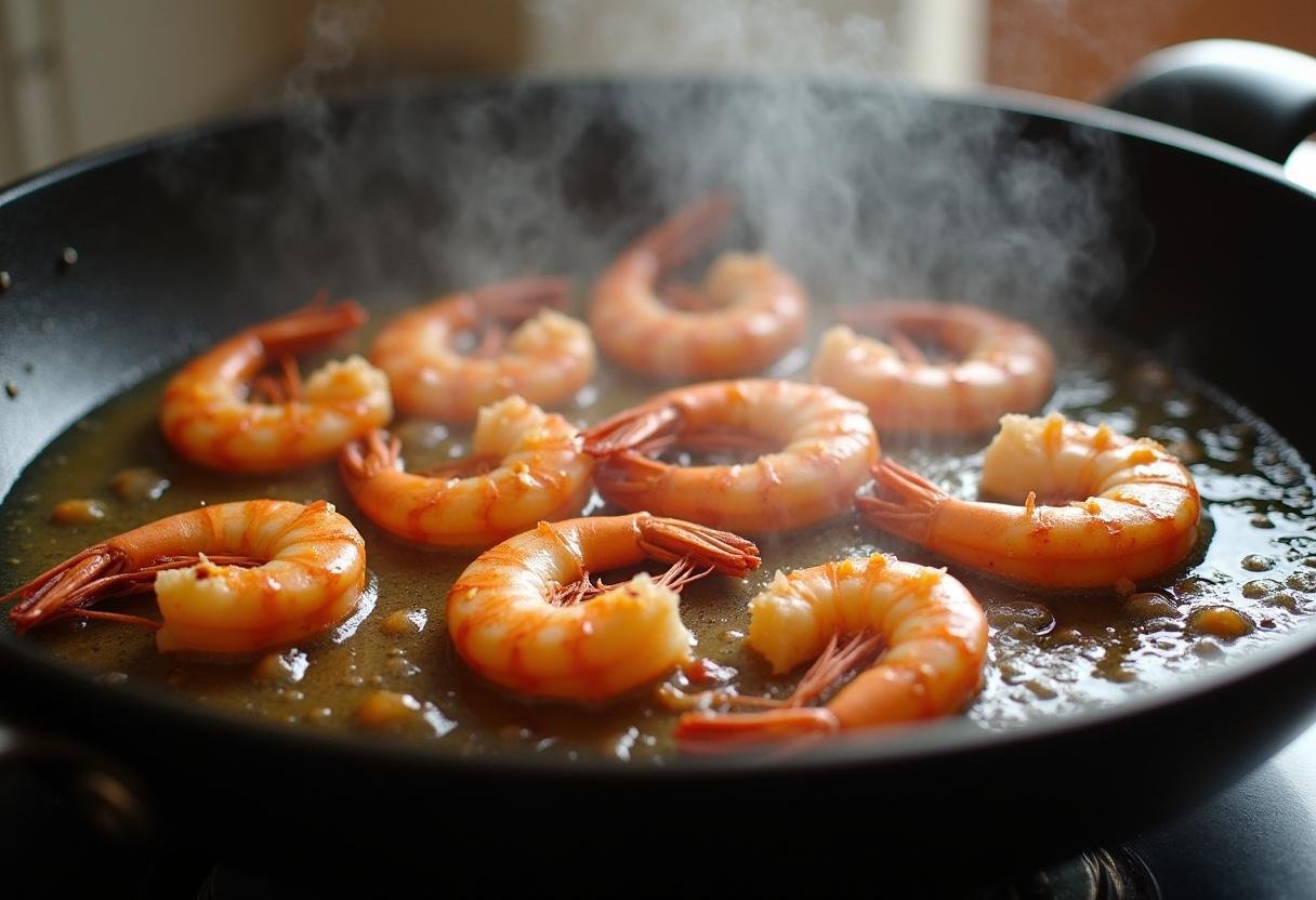 Prawns frying to a golden-brown crisp in hot oil.