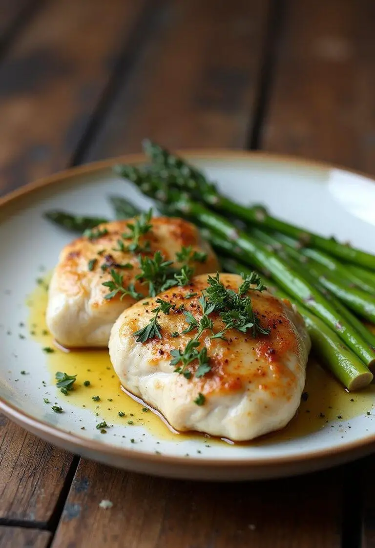 Finished Garlic Herb Chicken & Asparagus, perfectly plated for a delicious and healthy meal.