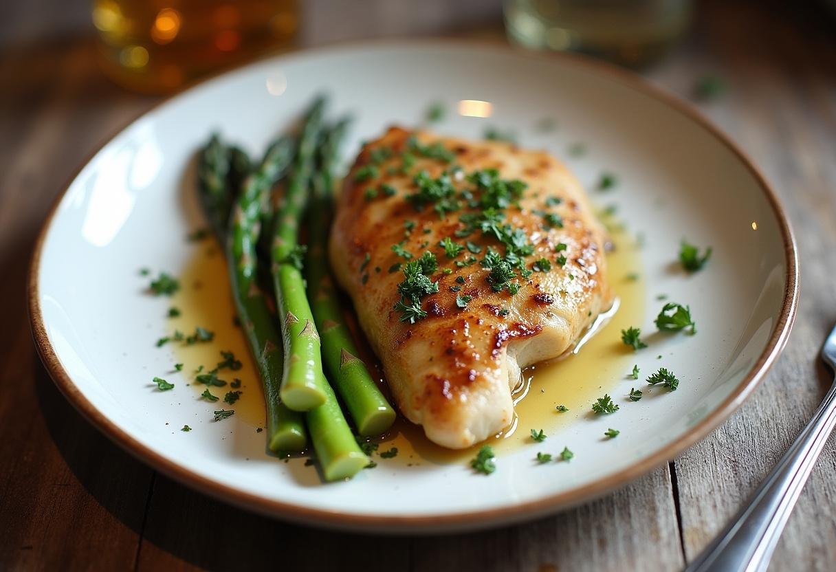 Finished Garlic Herb Chicken & Asparagus, perfectly plated for a delicious and healthy meal.