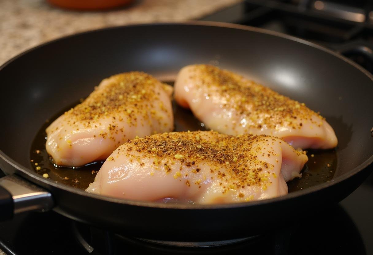 Raw chicken breasts seasoned with garlic and herbs for Garlic Herb Chicken & Asparagus.