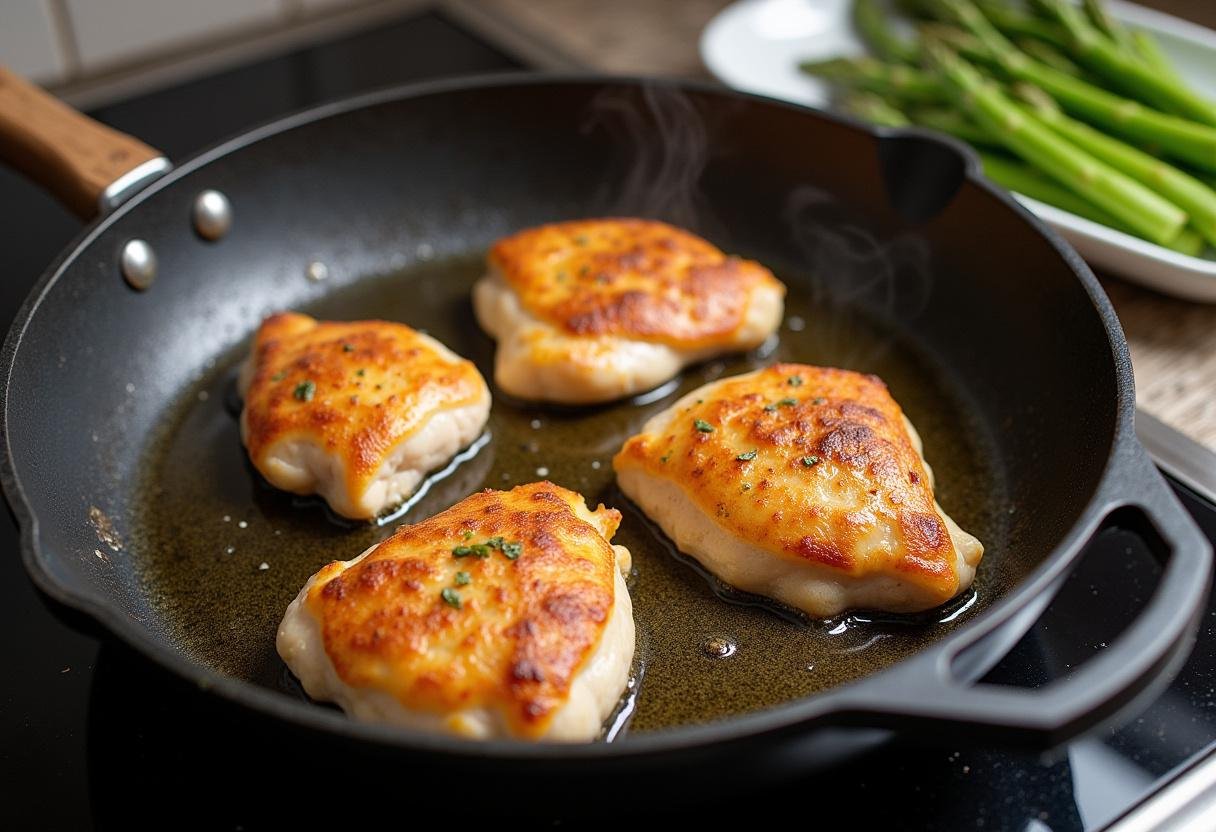 Cooking chicken breasts in a skillet for Garlic Herb Chicken & Asparagus, with asparagus on the side.
