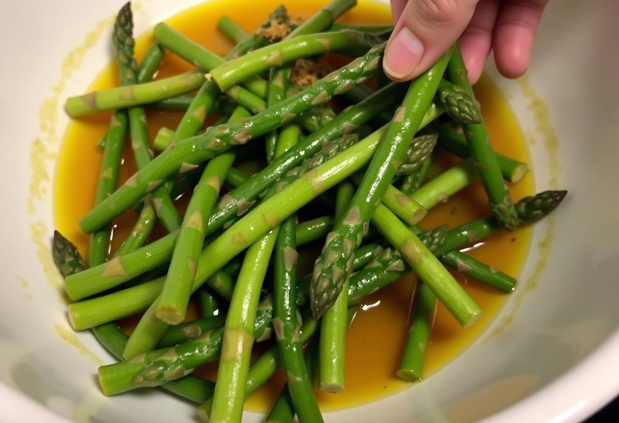 Asparagus being seasoned with garlic and herbs for Garlic Herb Chicken & Asparagus dish.