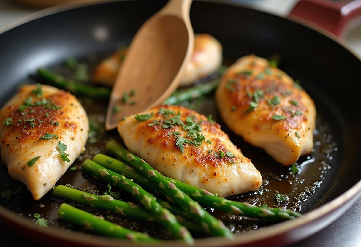 Combining cooked chicken and seasoned asparagus in a skillet for Garlic Herb Chicken & Asparagus.