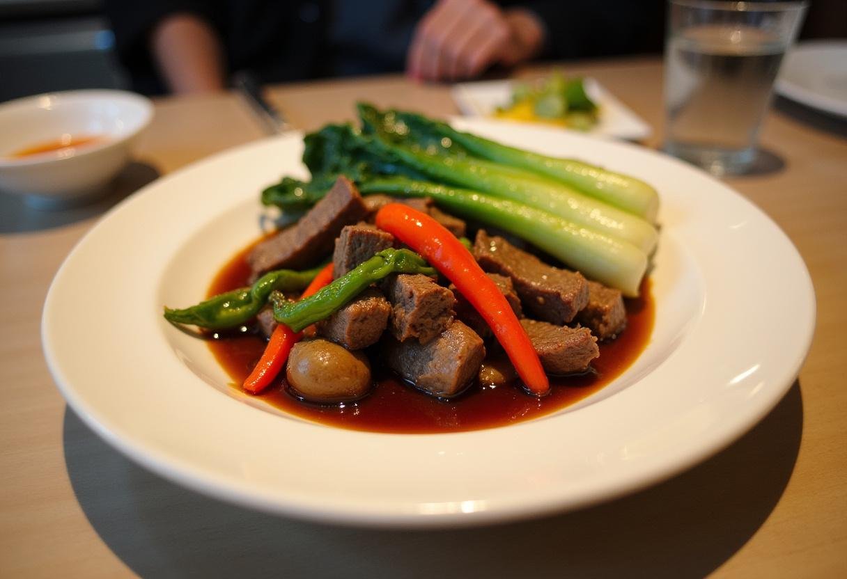Delicious Ginger Garlic Beef & Bok Choy served on a plate, perfect for a tasty meal.