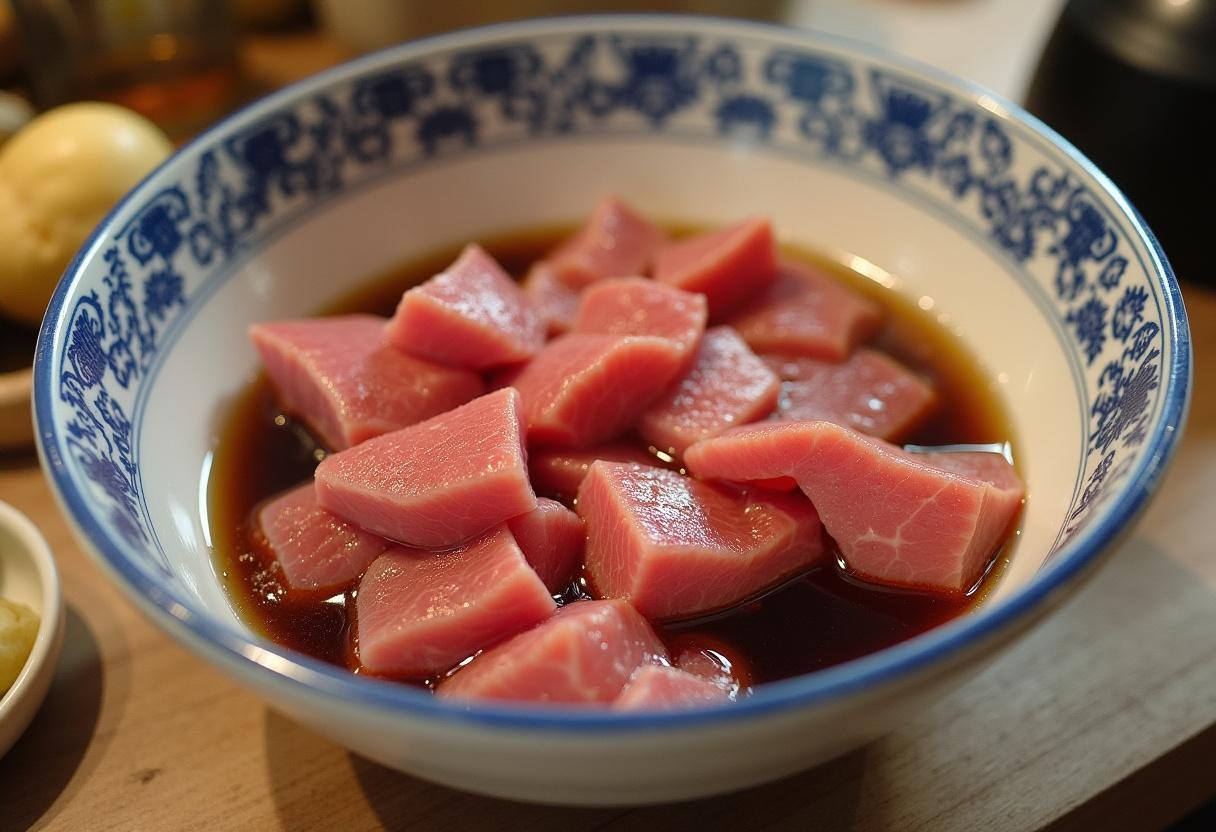 Marinated beef with garlic and ginger for Ginger Garlic Beef & Bok Choy recipe.