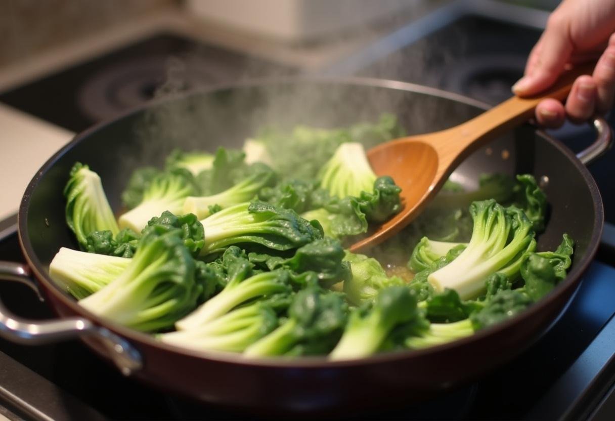 Sautéing bok choy in a pan for Ginger Garlic Beef & Bok Choy preparation.