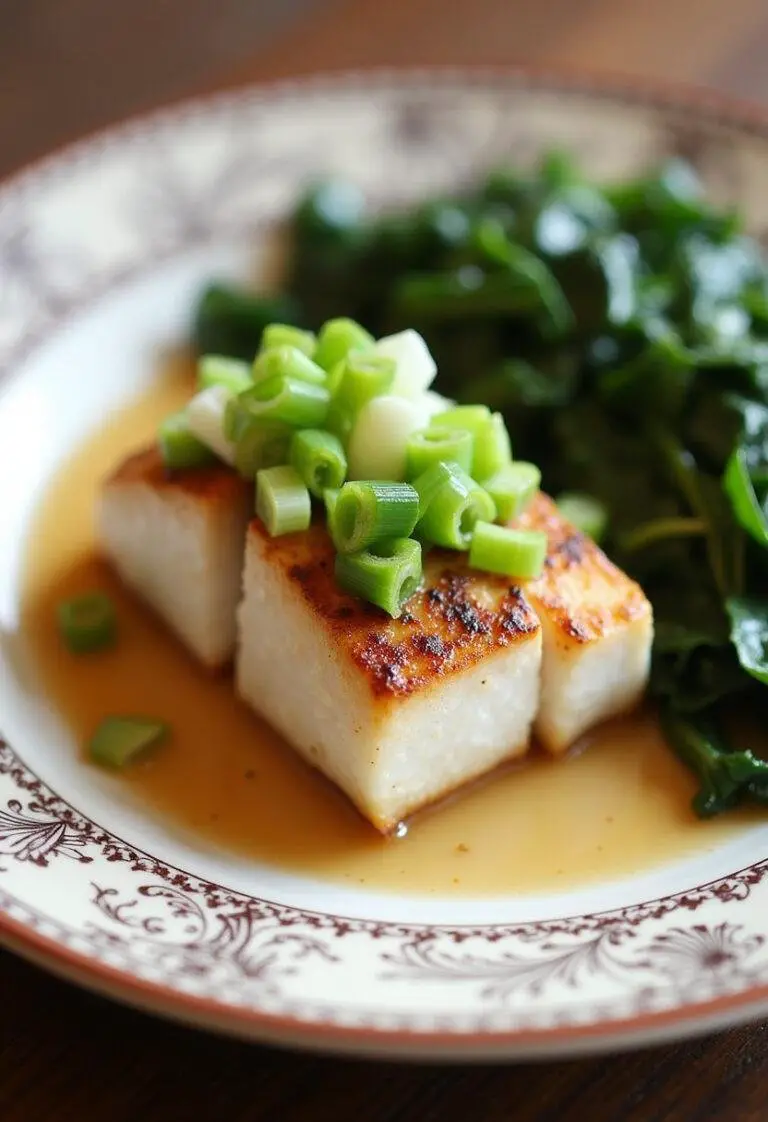 Finished Ginger Scallion Fish & Greens dish, artfully presented with vibrant colors and garnishes.
