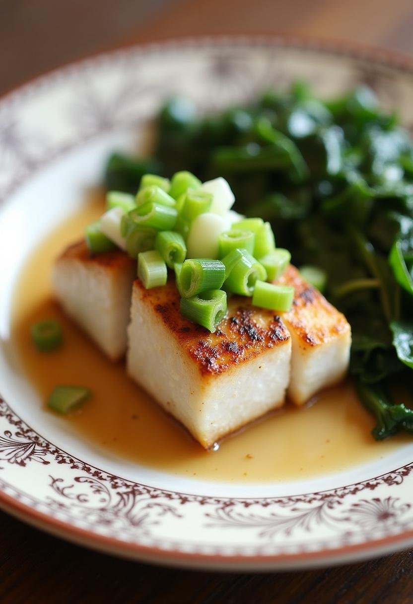 Finished Ginger Scallion Fish & Greens dish, artfully presented with vibrant colors and garnishes.