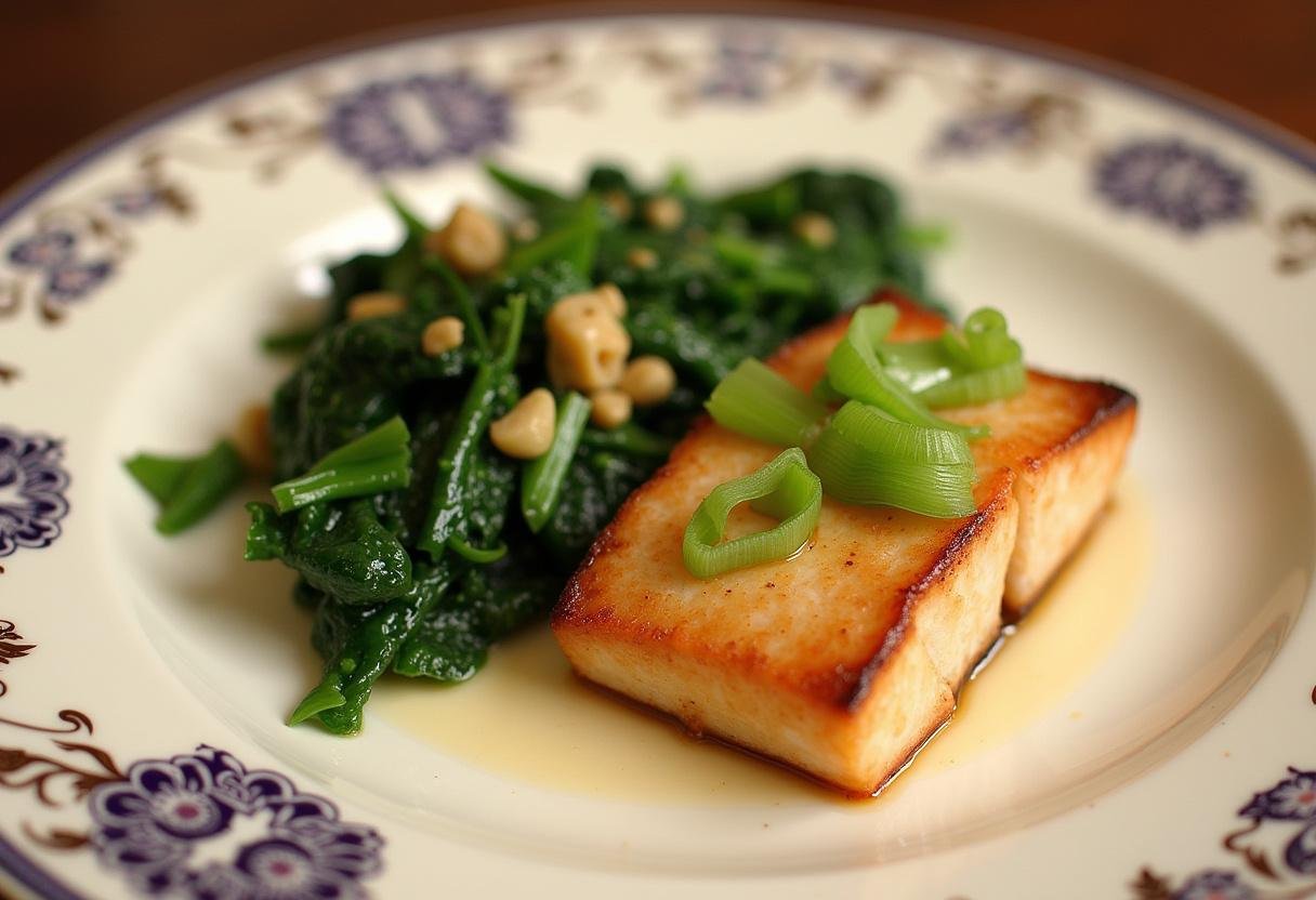 Finished Ginger Scallion Fish & Greens dish, artfully presented with vibrant colors and garnishes.