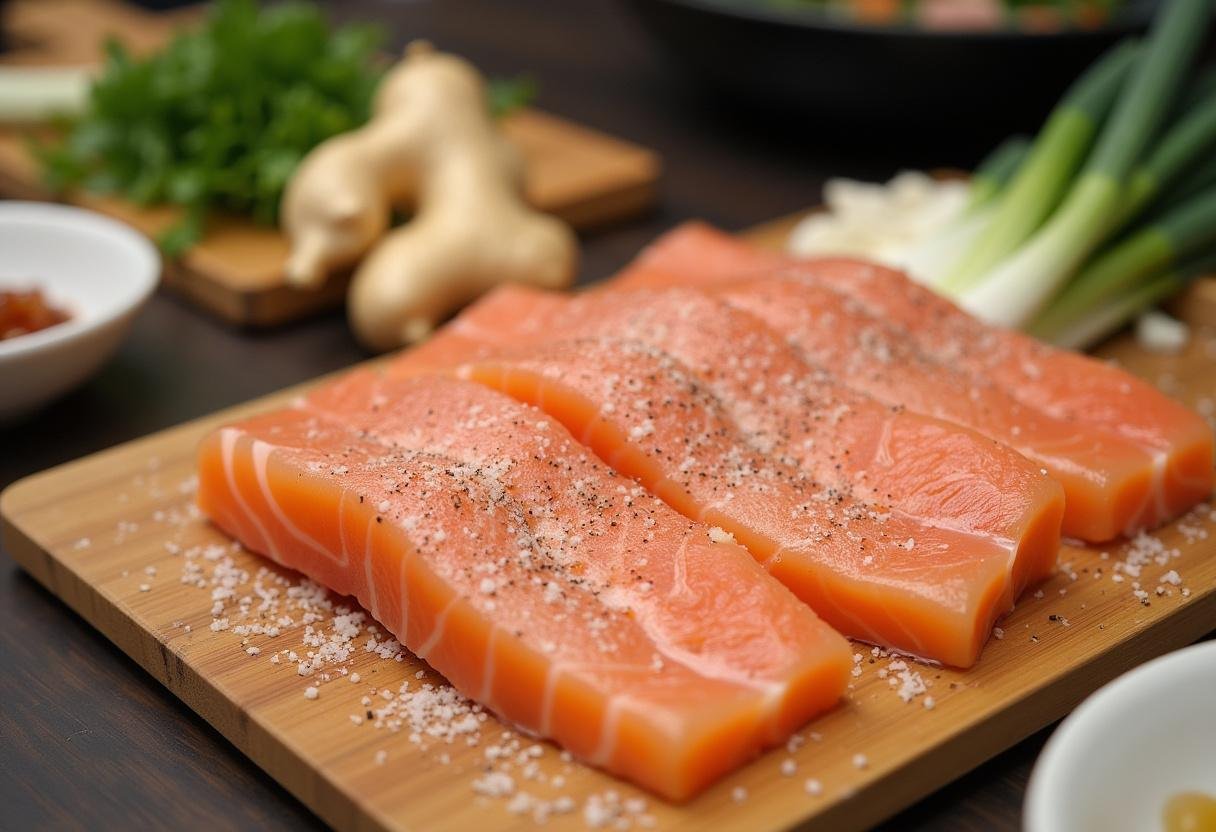 Fresh fish fillets seasoned and ready for Ginger Scallion Fish & Greens recipe preparation.