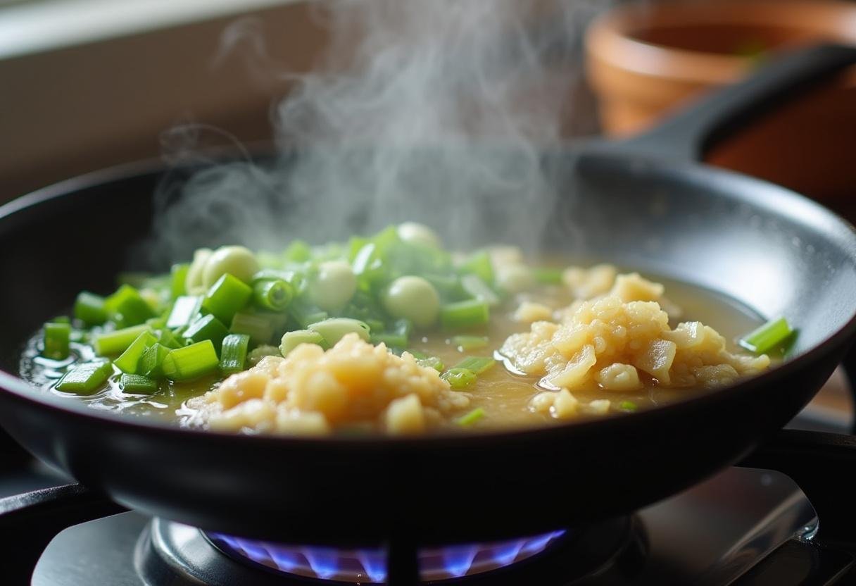 Sautéing ginger and scallions in a heated pan for the Ginger Scallion Fish & Greens dish.