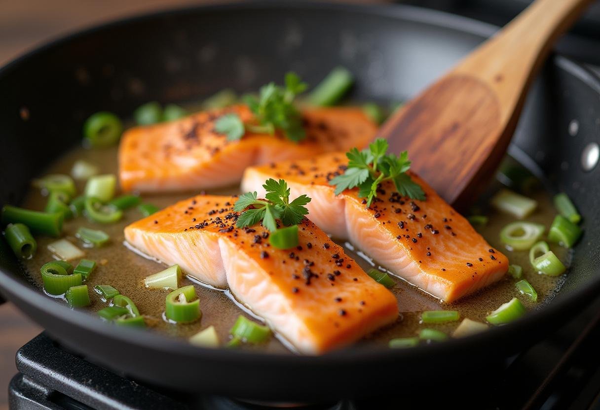 Fish fillets being cooked with ginger and scallions in a sizzling pan for Ginger Scallion Fish & Greens.
