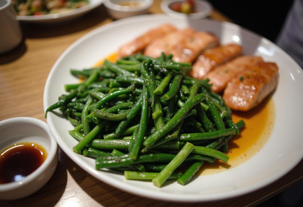 Sautéed greens prepared to complement the fish for Ginger Scallion Fish & Greens dish.