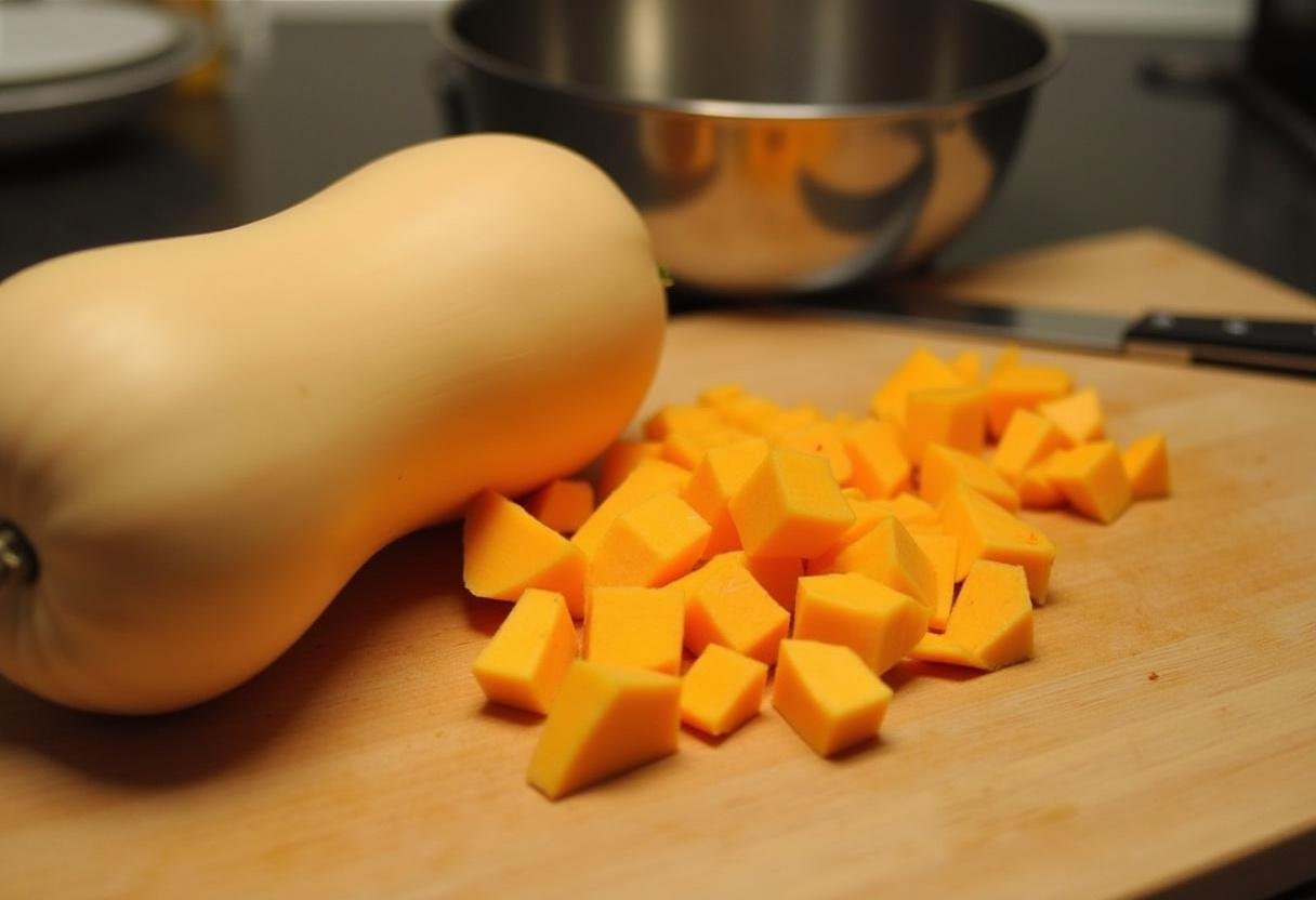 Dicing fresh butternut squash for Golden & Cheesy Butternut Squash Fritters.
