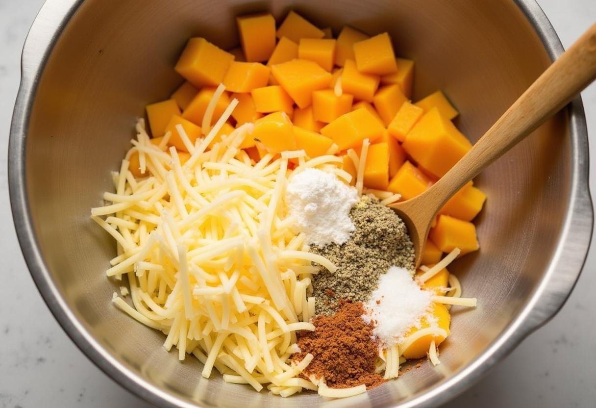 Mixing ingredients for Golden & Cheesy Butternut Squash Fritters in a bowl.