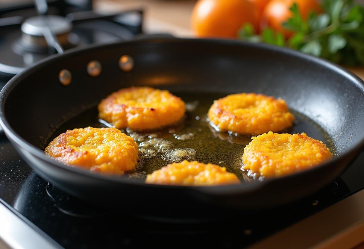 Heating oil in a skillet to fry the butternut squash fritters for a delicious side dish.
